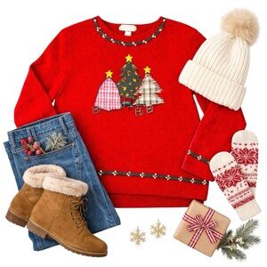 Christopher Banks Christmas Sweater Red Embroidered Trees Appliq Med GUC Beaded